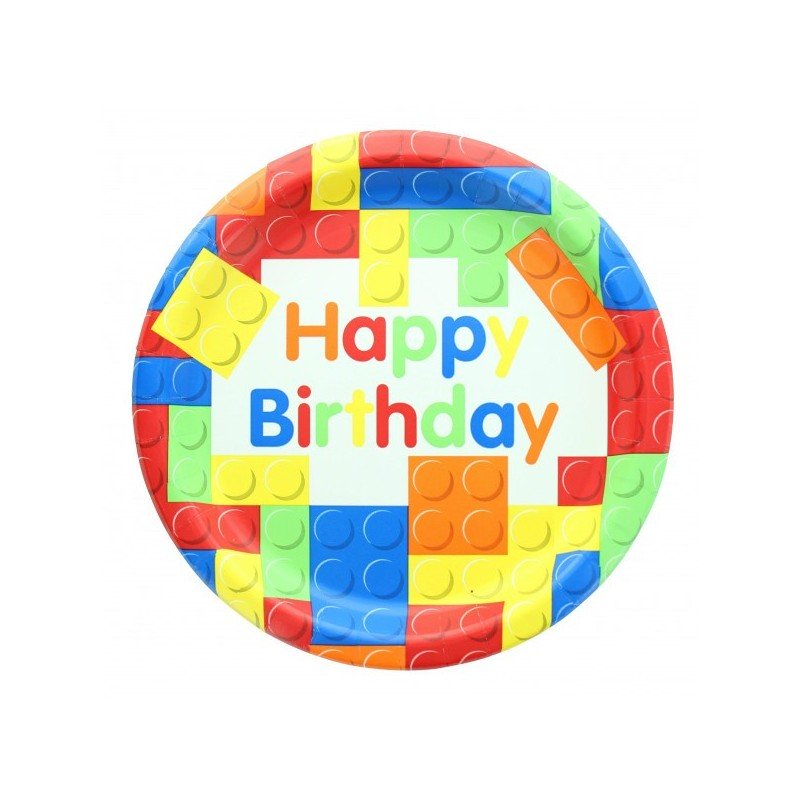 10 Assiettes Lego en carton Joyeux Anniversaire, multicolore