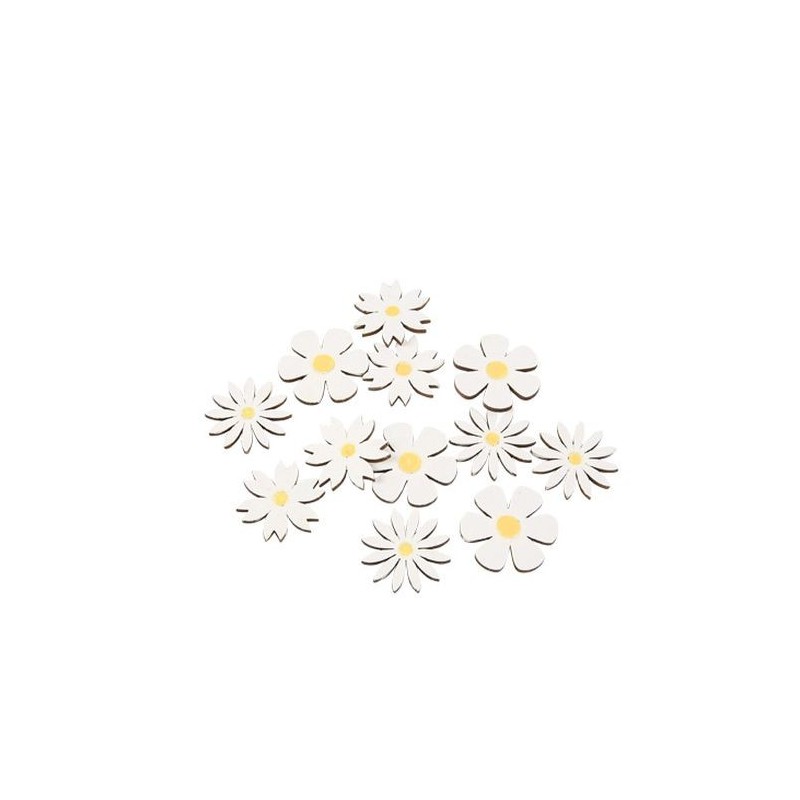 12 Confettis Marguerites en bois, blanc et jaune, Ø 3,3cm 12 Confettis Marguerites en bois, blanc et jaune, Ø 3,3cm