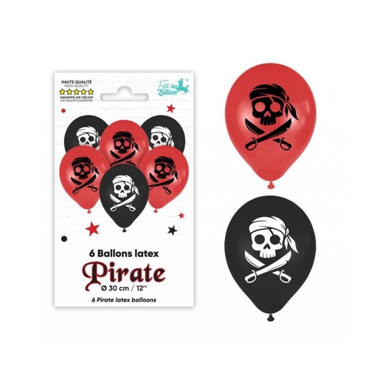 6 Piraten-Latexballons Ø 30cm rot/schwarz/weiß