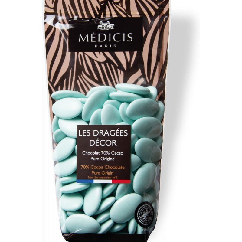 Dragées décor chocolat,70% cacao, vert d'eau, 250gr Dragées décor chocolat,70% cacao, vert d'eau, 250gr
