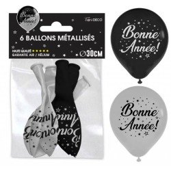 6 Ballons "Bonne Année" argent/noir 