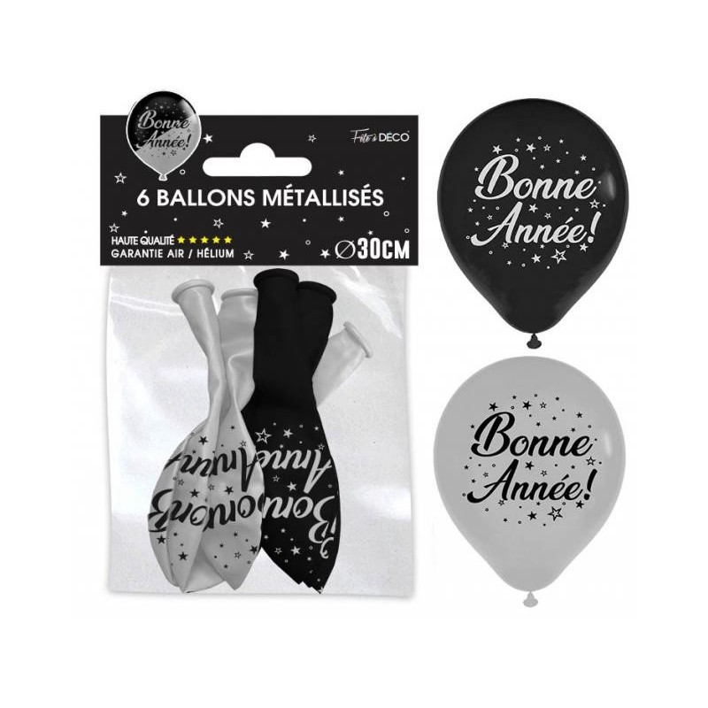 6 Ballons "Bonne Année" argent/noir 