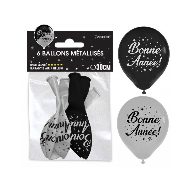 6 palloncini argento/neri “Bonne Année”.