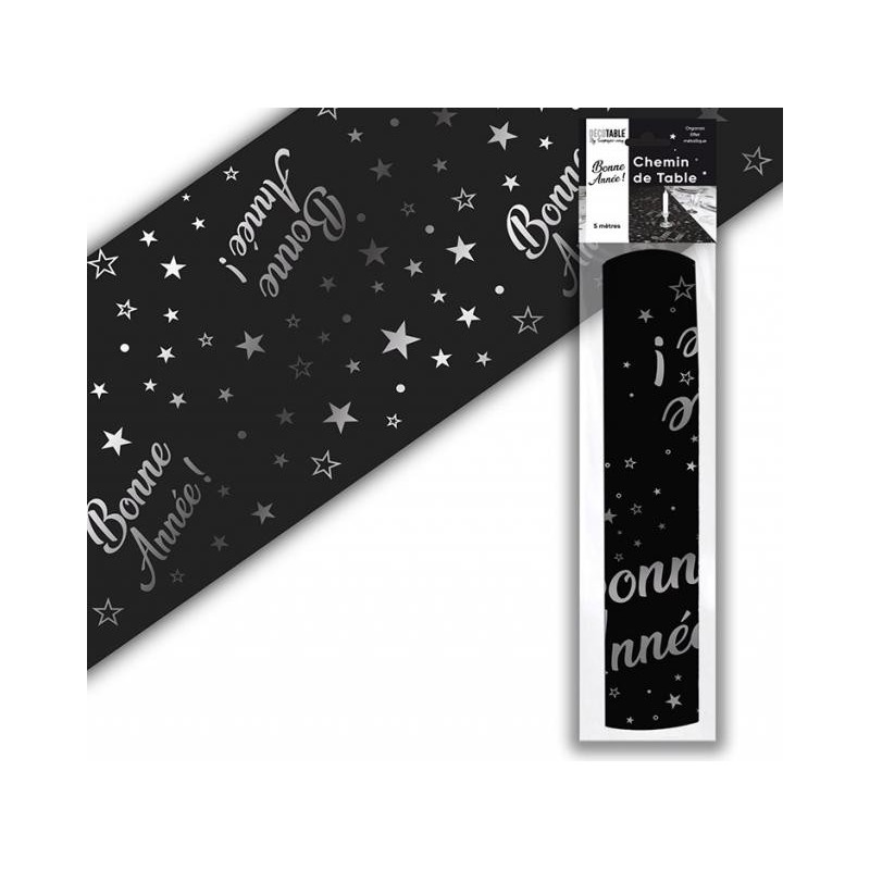 1 Chemin de table métallisé noir/argent " Bonne Année" 1 Chemin de table métallisé noir/argent " Bonne Année"