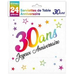 24 Serviettes, 30 Ans, 3 plis, 33 x33 cm multicolore