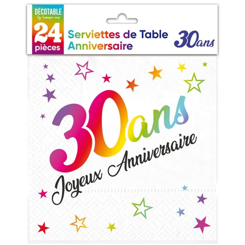 24 Serviettes, 30 Ans, 3 plis, 33 x33 cm multicolore 24 Serviettes, 30 Ans, 3 plis, 33 x33 cm multicolore
