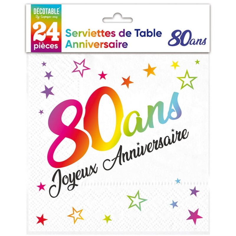 24 Serviettes, 80 Ans, 3 plis, 33 x33 cm multicolore 24 Serviettes, 80 Ans, 3 plis, 33 x33 cm multicolore