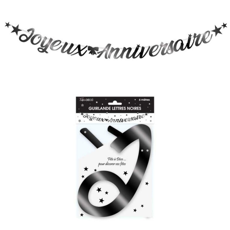 Ghirlanda con lettere metalliche nera 6m “Joyeux Anniversaire” Ghirlanda con lettere metalliche nera 6m “Joyeux Anniversaire”