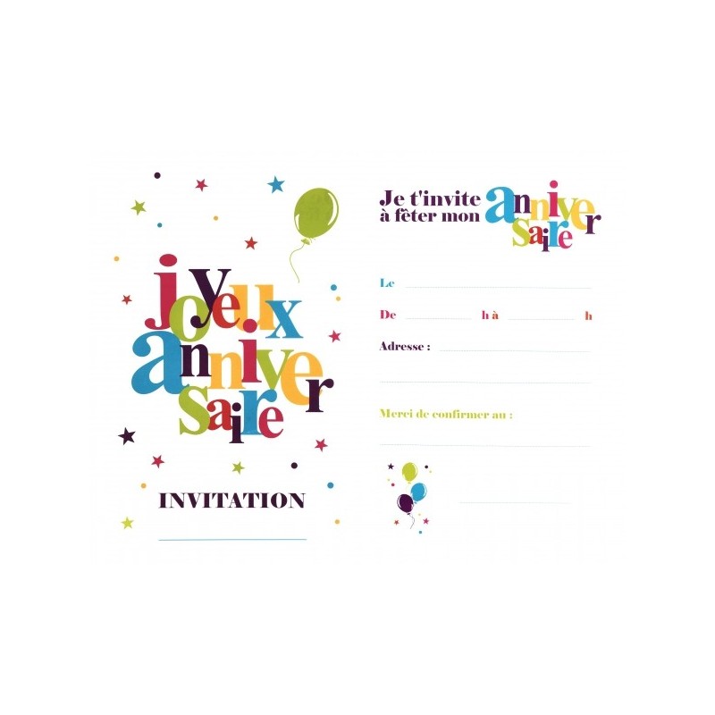 6 Cartes invitation "Joyeux Anniversaire" 11x17cm 6 Cartes invitation "Joyeux Anniversaire" 11x17cm