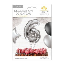 1 Decorazione torta con palloncini argentati numero 6