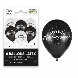 Sachet de  ballons métallisés joyeux anniversaire, noir&blanc