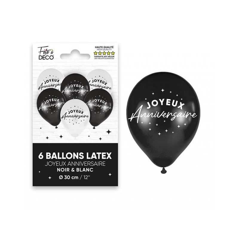 6 palloncini in lattice Joyeux Anniversaire, bianco neri  6 palloncini in lattice Joyeux Anniversaire, bianco neri