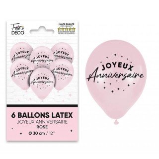 Sachet de 6 ballons  joyeux anniversaire, rose