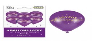 Sachet de 6 ballons  joyeux anniversaire, violet