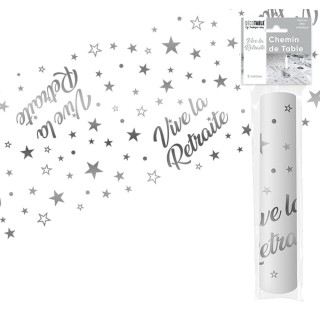 Tischläufer "Vive la retraite" 28 cm x 5 Meter, silbermetallischer Organza
