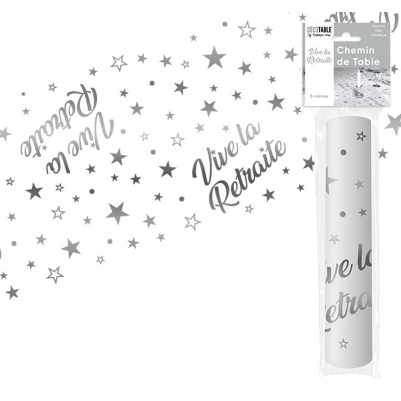 Chemin de table " Vive la retraite" 28 cm x 5 mètres,organsa métallisé  argenté Chemin de table " Vive la retraite" 28 cm x 5 mètres,organsa métallisé  argenté