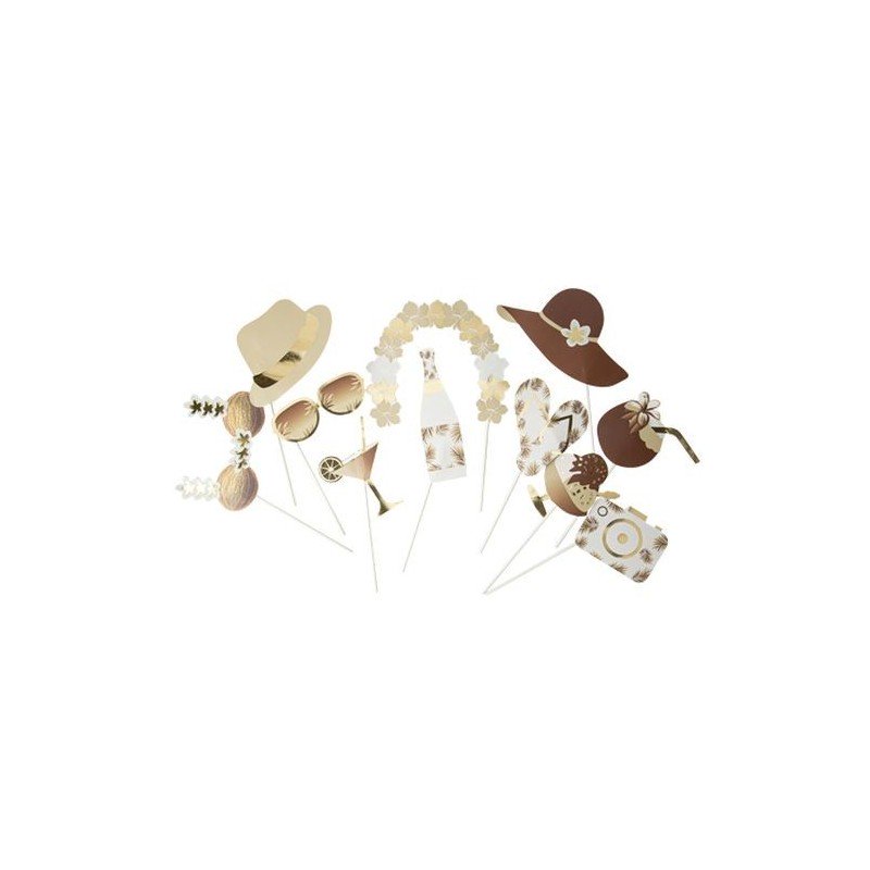 Kit Photobooth Tropicool Papier Blanc, Camel et Or 11pcs