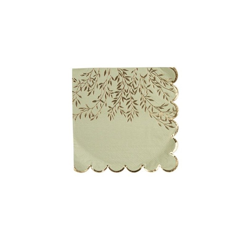 16 Serviettes Jolis Brins Papier vert sauge et Or 33x33cm - 3 Plis