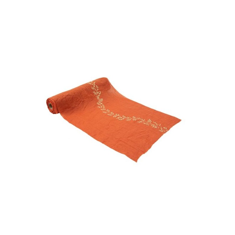 Runner da tavolo Jolis Brins in mussola terracotta e bordo vegetale dorato 28 cm x 5 m