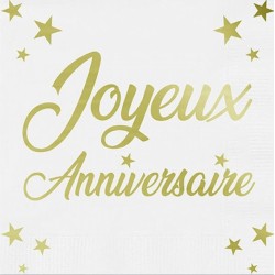 24 Serviettes, Joyeux Anniversaire, 3 plis, 33 x33 cm , or