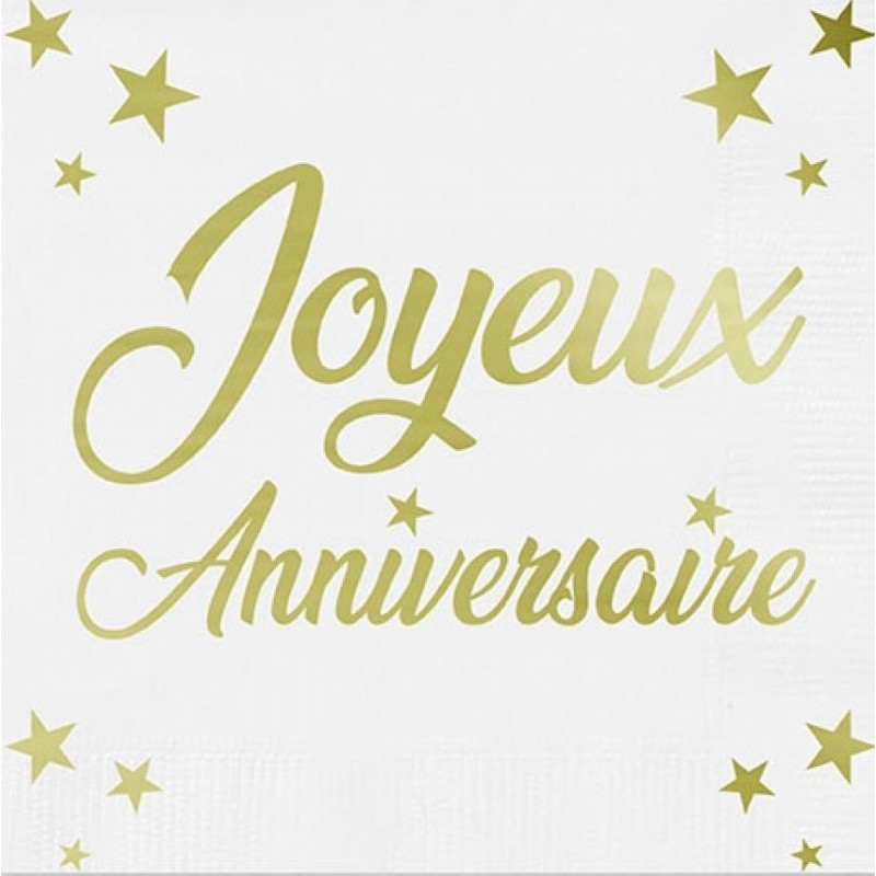 24 Serviettes, Joyeux Anniversaire, 3 plis, 33 x33 cm , or 24 Serviettes, Joyeux Anniversaire, 3 plis, 33 x33 cm , or