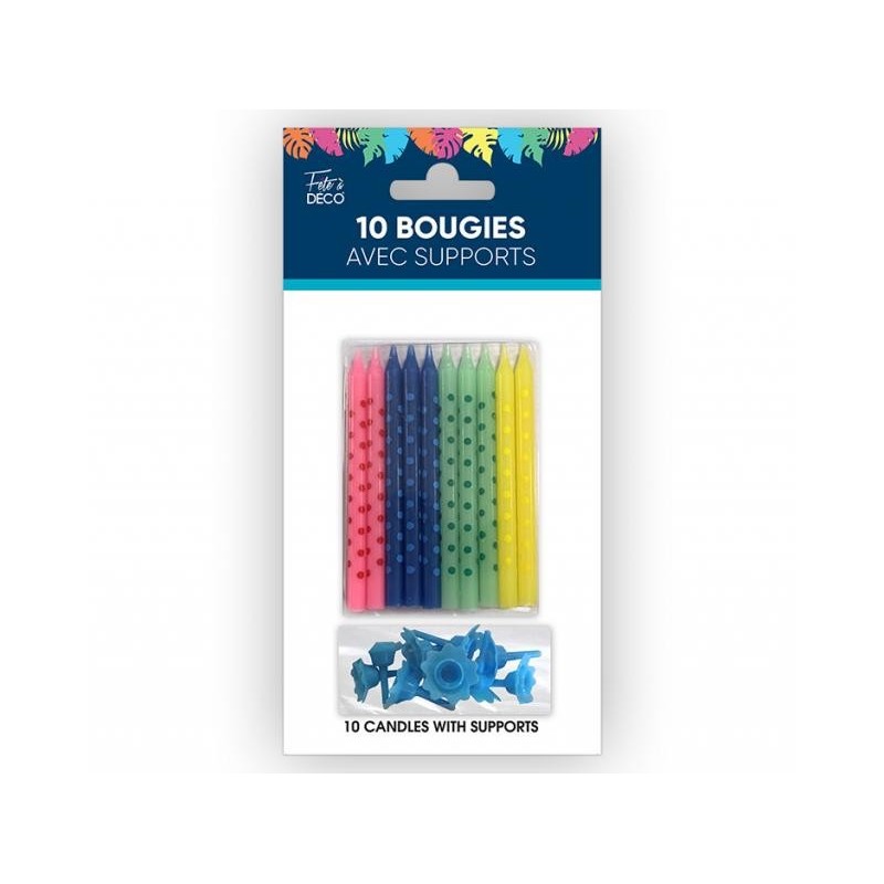 10 Candele con supporto tropicale, multicolore