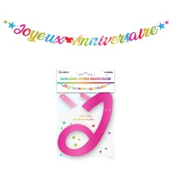 Ghirlanda con lettere metalliche multicolore 6m “Joyeux Anniversaire”