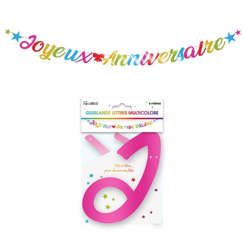 Ghirlanda con lettere metalliche multicolore 6m “Joyeux Anniversaire” Ghirlanda con lettere metalliche multicolore 6m “Joyeux Anniversaire”