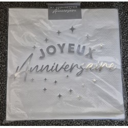 24 Serviettes, Joyeux Anniversaire, 3 plis, 33 x33 cm , argent