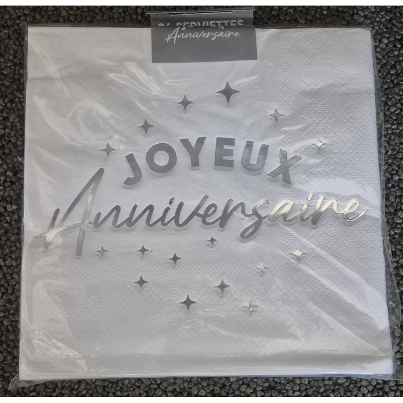 24 Serviettes, Joyeux Anniversaire, 3 plis, 33 x33 cm , argent 24 Serviettes, Joyeux Anniversaire, 3 plis, 33 x33 cm , argent