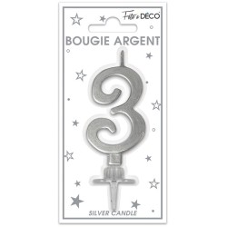 Bougie chiffre 3 métalique argent