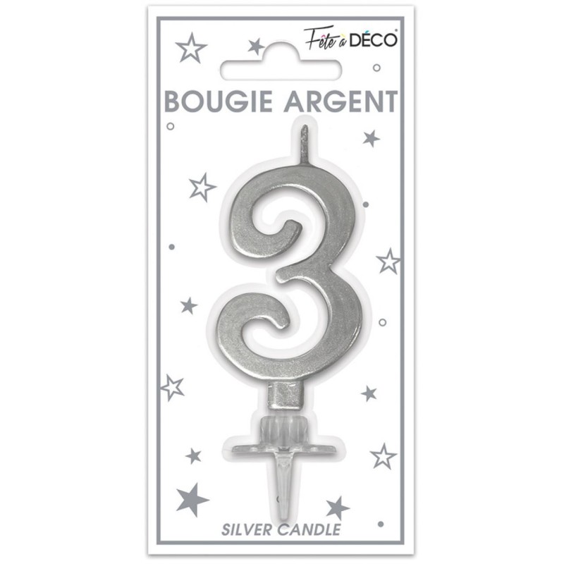 Bougie chiffre 3 métalique argent Bougie chiffre 3 métalique argent