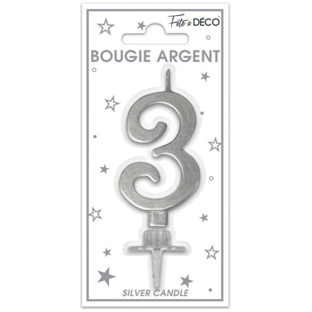 Bougie chiffre 3 métalique argent