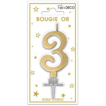 Bougie chiffre 3 métalique or