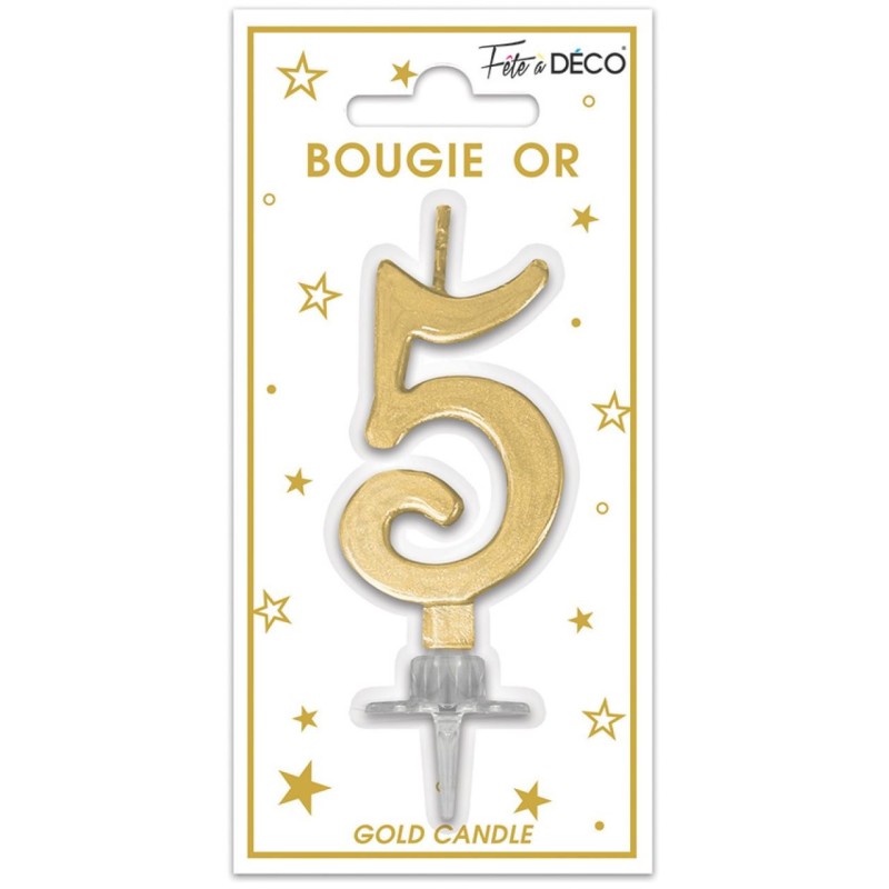 Bougie chiffre 5 métalique or
