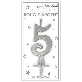Bougie chiffre 5 métalique argent
