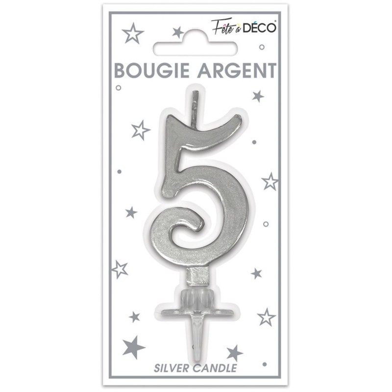 Bougie chiffre 5 métalique argent Bougie chiffre 5 métalique argent