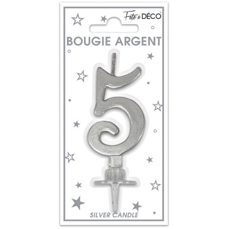 Bougie chiffre 5 métalique argent