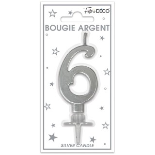 Bougie chiffre 6 métalique argent