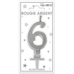 Bougie chiffre 6 métalique argent