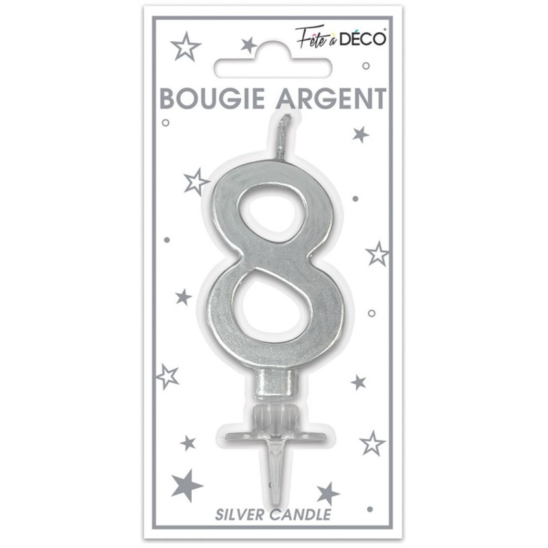 Bougie chiffre 8 métalique argent