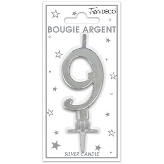 Bougie chiffre 9 métalique argent