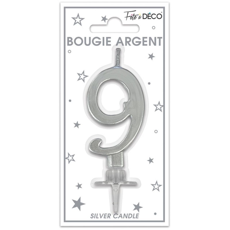 Bougie chiffre 9 métalique argent Bougie chiffre 9 métalique argent