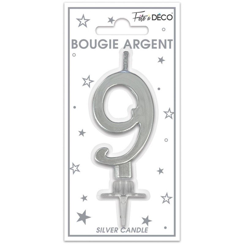 Bougie chiffre 9 métalique argent