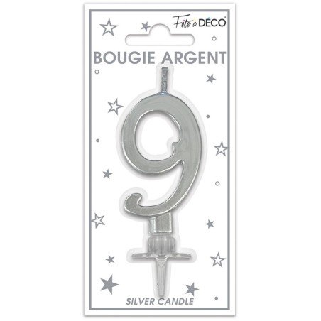 Bougie chiffre 9 métalique argent