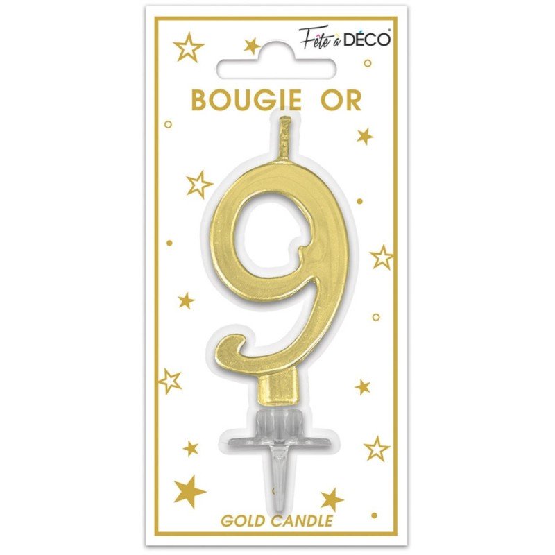 Bougie chiffre 9 métalique or