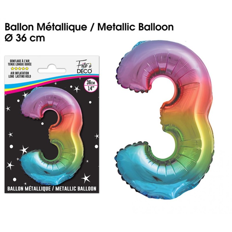 Ballon Métallique Multicolore 36cm chiffre 3 Ballon Métallique Multicolore 36cm chiffre 3