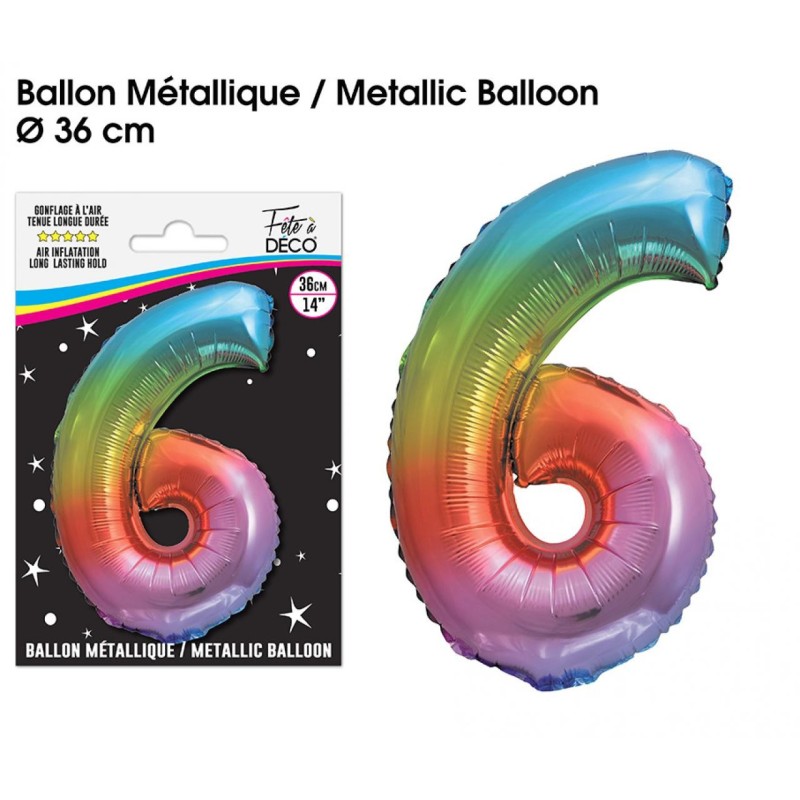 Palloncino metallizzato multicolore 36cm numero 6