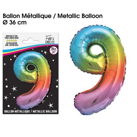 Ballon Métallique Multicolore 36cm chiffre 9