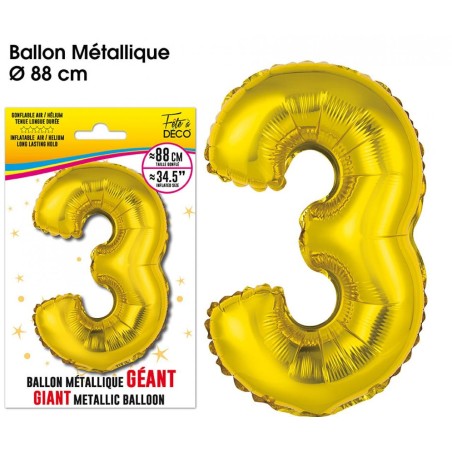 Ballon Géant Métallique Or, 88cm chiffre 3